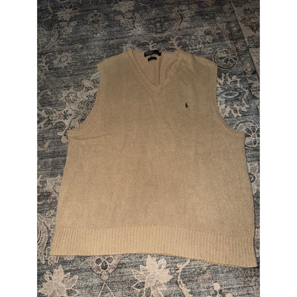 Polo Ralph Lauren Linen Cotton Sweater Vest Tan Green Logo XL